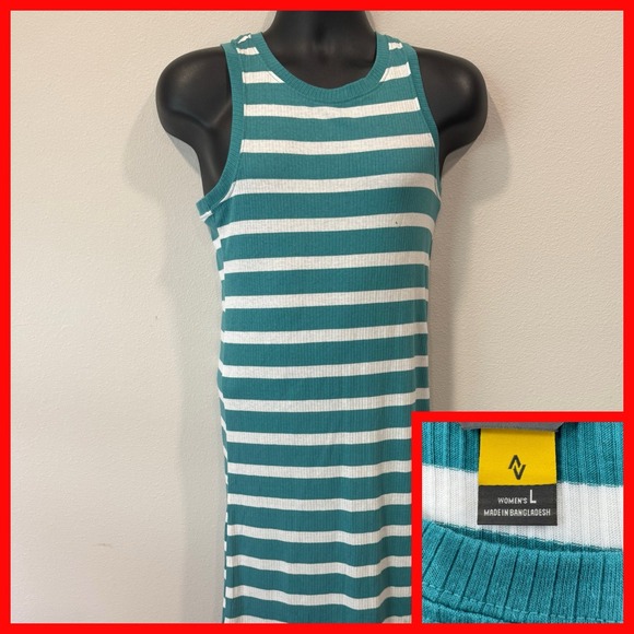 Eddie‎ Bauer L Dress Maxi Teal And White Striped Jersey Tank Outdoor Ribbed - Picture 1 of 3